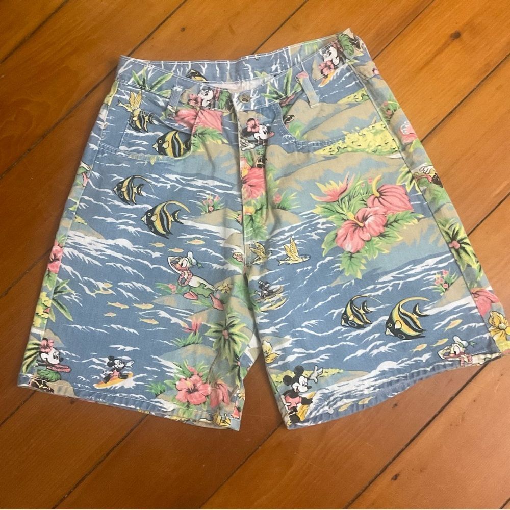 RARE!! Jrs Sz 11/12 Authentic VTG Disney Tropical Mickey Denim Shorts *1990s*